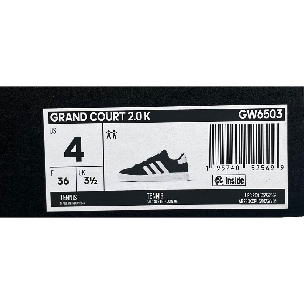 adidas Grand Court 2.0 Youth Boys Girls Sneaker Size 4 Black-White Low Top Shoes - Picture 9 of 12